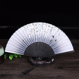 Quạt cổ trang dây tuyến nền xám hoa tuyết rơi ver 2 quạt trúc xếp cầm tay phong cách Trung Quốc in hoa trang trí