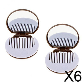 6x2 Round Folding Makeup Mirror Compact with Comb Pocket Biscuit Size Cute Brown