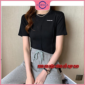 Áo croptop ngắn tay cổ tròn vạt lệch, áo crt nữ ôm body đẹp thun gân 100% cotton màu đen trắng dưới 50 cân