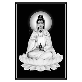 Tranh Phật giáo treo tường trang trí nơi thờ cúng mẫu Quan âm tone màu trắng đen, Tranh Phật Giáo Quan Thế Âm Bồ Tát 2312