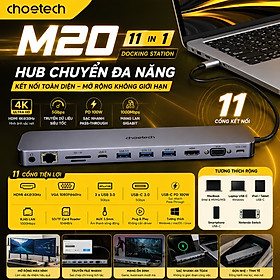 Hub Type-C PD 100W chuyển đa năng DockSphere Pro kiêm giá đỡ Choetech M20 Docking Station 11 in 1 USB-C cho Macbook/Laptop - HDMI 4K, VGA, PD 100W, RJ45 Gigabit, USB 3.0 5Gbps, SD/TF, AUX 3.5mm  Vỏ nhôm, tối ưu tản nhiệt - Hàng nhập khẩu