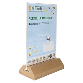 Kệ mica 2 mặt Enter E44-A 100x150mm đế gỗ A6 đứng vát chữ A, Kệ menu nhà hàng, Standee mica để bàn, Bảng quét mã QR Code