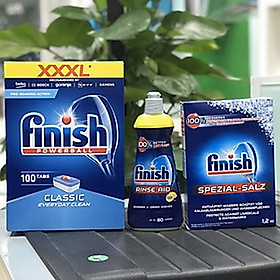Combo Finish Viên rửa bát 100 viên + Muối 1.2kg + Nước làm bóng 400ml