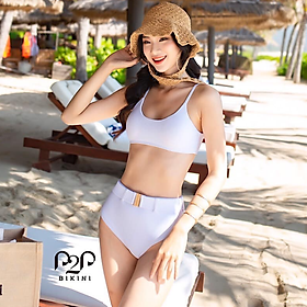 P2P BIKINI - Bikini hai mảnh áo mút hai dây, quần phối khoen lưng cao trắng - BTK370M_LC2