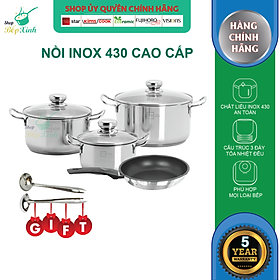 Bộ nồi inox , bộ nồi chảo Fivestar 4 chiếc nắp kính , tặng 2 vá canh, inox 430, dùng được bếp từ , gas, hồng ngoại