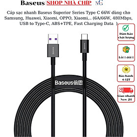 Cáp sạc nhanh Baseus Superior Series Type C 66W dùng cho Samsung, Huawei, Xiaomi, OPPO, Xiaomi,.. (6A/66W, 480Mbps, USB to Type-C, ABS+TPE, Fast Charging Data Cable )- Hàng chính hãng