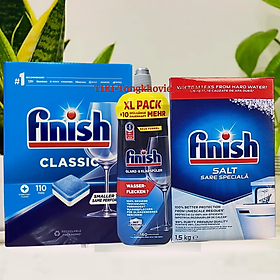 Combo muối rửa bát Finish 1,5kg+viên rửa bát Finish 120 viên+Nước làm bóng bát chén finish 800ml