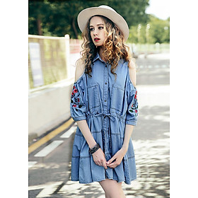Đầm Denim Nữ Hở Vai Thêu Hoa Đỏ BY1070