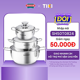 Bộ Nồi Inox 3 Đáy Sunhouse SH335(16cm, 20cm, 24cm ) - Dùng trên mọi loại bếp - Hàng chính hãng