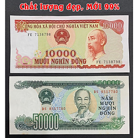 Mua  MỚI 99%  2 tờ tiền 10k giấy đỏ 1993 và 50k giấy xanh lá 1994   tiền thời bao cấp sưu tầm