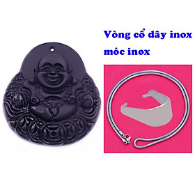 Mặt dây chuyền Phật Di lặc (đồng tiền) đá đen 4.6 cm ( size lớn ) kèm vòng cổ dây chuyền inox rắn trắng + móc inox trắng, mặt dây chuyền Phật cười