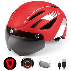 Mũ bảo hiểm đi xe đạp xe máy có đèn chiếu sáng phía sau, kèm tấm kính chống UV