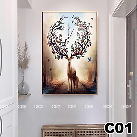 Tranh treo tường canvas 1 bức phong cách hiện đại Bắc Âu 01, tranh hươu tài lộc trang trí phòng khách, phòng ngủ, spa