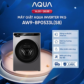 Máy giặt cửa trước AQUA Inverter 9kg AW9-BP0533L(S8) - Bảo hành 2 năm - Freeship toàn quốc - Hàng chính hãng