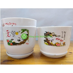 2 Chậu Trồng Hoa, Cây Cảnh Tròn Sứ 180x135 Có Kèm Đĩa Lót - Nhựa Đức Minh