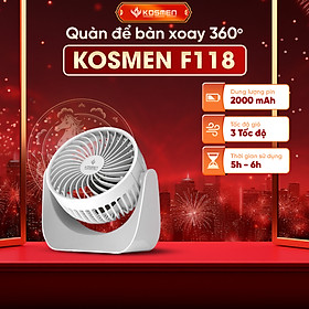 Quạt Mini Để Bàn Kosmen F118 Có Lưới Bảo Vệ , Dung Lượng Pin Khủng, Xoay 360 Độ - Hàng Chính Hãng