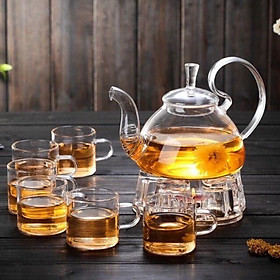 Mua Bộ ấm trà thủy tinh tay vồng 600ml kèm khay và đế đun