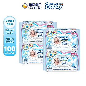 Combo 4 gói khăn ướt bobby care 100 không hương 100 tờ