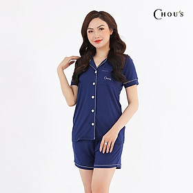 Pyjama nữ cộc tay vải bamboo tự cao cấp Chou's - màu xanh navy