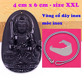 Mặt Phật Văn thù đá thạch anh đen 6 cm kèm dây chuyền inox rắn - mặt dây chuyền size lớn - XXL, Mặt Phật bản mệnh