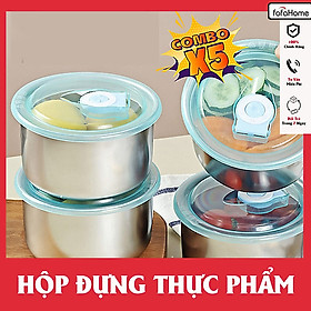 Combo 5 Hộp Đựng Thực Phẩm Tủ Lạnh Inox Hình Tròn Kèm Nắp Đậy Giữ Nhiệt An Toàn Sức Khoẻ Hộp Đựng Thức Ăn Dùng Được Cho Lò Vi Sóng