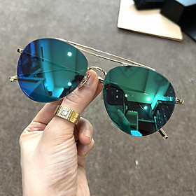 Kính mát thời trang chống nắng dáng nhỏ kim loại cao cấp màu xanh gương