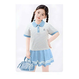 SET VÁY XẾP LY BÉ GÁI ÁO THUN SỌC CỔ BẺ NGẮN TAY TỪ 12-45KG IN KITTY HOTTEND CHO BÉ GÁI