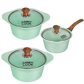 Bộ 3 nồi quánh đúc Ceramic nắp kính chống dính 5 lớp đáy từ Greencook GCS05 Size 18cm/20cm/24cm dùng cho bếp từ,bếp ga,bếp hồng ngoại,bếp củi-Hàng chính hãng