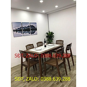 Bộ Bàn Ăn 6 Ghế Chân Chéo, Mặt Đá, Ghế Liền