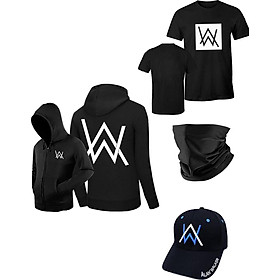 Combo Alan Walker 4 Món Thời Trang Nón, Bịt Mặt Đen Trơn, Áo Khoác, Áo Thun