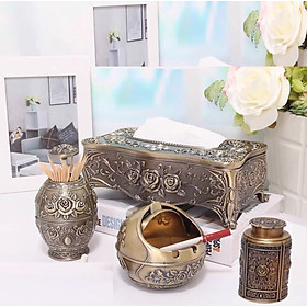 Mua Combo (Hộp đựng giấy ăn+Gạt tàn+Lọ tăm+Hũ đựng trà )phong cách hoàng gia cổ điển cao cấp để bàn mạ màu đồng hoa in nổi