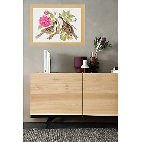 Mua Tranh canvas treo tường  Chim sẻ nâu và hoa hồng phong cách vintage cổ điển-brown birds on rose Tranh Canvas PVP-DC163  Kèm khung màu gỗ