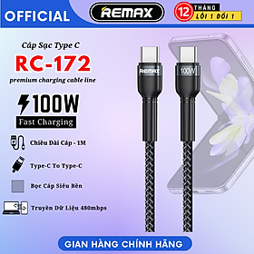 Cáp sạc nhanh Type C to Type C 100W Remax RC-172c Type C 100W cho lPhone 15, Samsung S22 S21 Ultra Xiaomi Mi 12 - Hàng Chính Hãng Remax