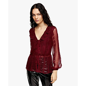 TOPSHOP - Áo kiểu nữ tay dài cổ V Burgundy Mesh Blouse 13D17RBRG