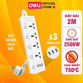 Ổ Cắm Điện Đa Năng Kèm Cổng USB Có Công Tắc Tải 2500W Nắp Chống Giật Chống Cháy Chất Lượng Cao Deli - Dây 2M/3M/5M - ET401 411