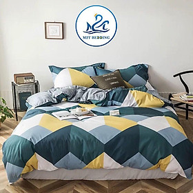 Bộ chăn ga gối Cotton poly M2T bedding Sóng xanh, vỏ chăn mền, drap giường và 2 vỏ gối