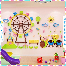 Tranh dán tường mica 3d decor khổ lớn vòng xoay tròn khu vui chơi trang trí mầm non, mẫu giáo, phòng cho bé