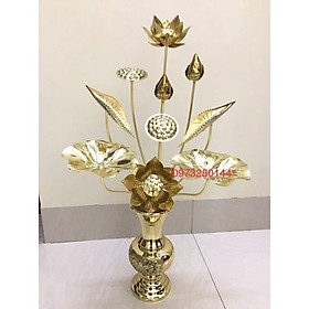 Mua Combo 1 bó hoa sen đồng vàng 10 cành + lọ hoa hoạ tiết bông cúc cao 30cm