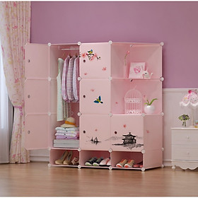 Mua tủ nhựa 12 ô lắp ghép (3 ô giày) màu hồng  decal hoa anh đào  2 xéo  1 treo