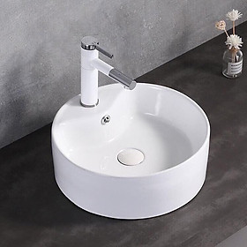 Chậu sứ lavabo tròn để bàn, màu trắng hiện đại, có lỗ vòi gắn trên