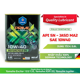 Nhớt tổng hợp toàn phần PRIME 10W40 SN MA2 Fully Synthetic, Lon 800ml, 1L, 1.1L, 1.3L - Nhớt PRIME Lubricants nhập khẩu DUBAI đúng dung tích xe Winner, Exciter, Satria, Raider, Sonic