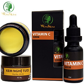 Bộ dưỡng trắng hồng, mịn màng da mặt Wonmom  1 serum vitamin C + 1 kem