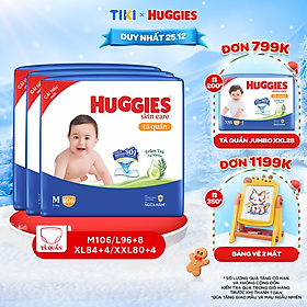 [TẶNG THÊM MIẾNG CHO SIZE L/XL/XXL] Combo 3 gói Tã quần Huggies Skincare Mega Jumbo M106/L96/XL84/XXL76