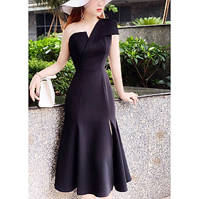Váy đen xòe lệch vai xẻ đùi V1339 thời trang dự tiệc