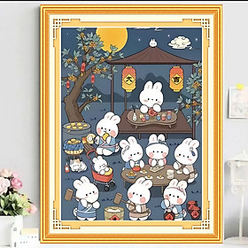 Tranh thêu kín chữ thập Thỏ mở tiệc 62935, kích thước 60* 50 cm