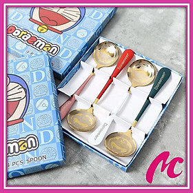 Set 4 Thìa Inox Mạ Vàng Cán Dài Khắc Hình Doraemon Dễ thương Kèm Hộp Sang Trọng