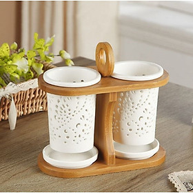 Hủ Sứ Trắng Đựng Đũa Có 2 Ngăn Giá Gỗ