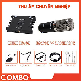 Mua Combo livestream thu âm chuyên nghiệp micro BM900  soundcard XOX KS108  kẹp micro  màng lọc âm  dây ma2  tai nghe nhét tai - Đầy đủ phụ kiện  dây kết nối  hát cực hay - Hỗ trợ livestream  karaoke online  livestream chuyên nghiệp - Hàng nhập khẩu
