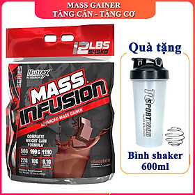 Combo Thực Phẩm Chức Năng Sữa tăng cân tăng cơ Mass Infusion của Nutrex hương Chocolate bịch Lớn 5.45kg hỗ trợ tăng cân, tăng cơ nhanh cho người gầy kén ăn, khó hấp thụ thức ăn & Bình lắc 600 ml (Màu Ngẫu Nhiên)