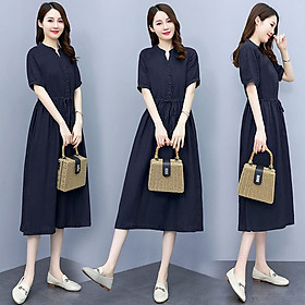 Đầm sơ mi cổ tàu, váy dài sơ mi nữ thắt eo nữ tính siêu đẹp đũi việt
